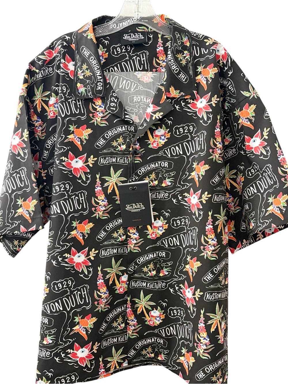Von Dutch Kustom Kulture Hawaiian Shirt Mens XXL 2XL Black Button Up NWT Y2K